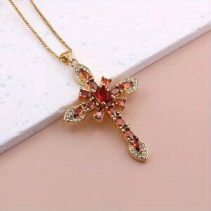 Red & Gold Crystal Cross Pendant Necklace Christian Faith Jewelry Women Gift